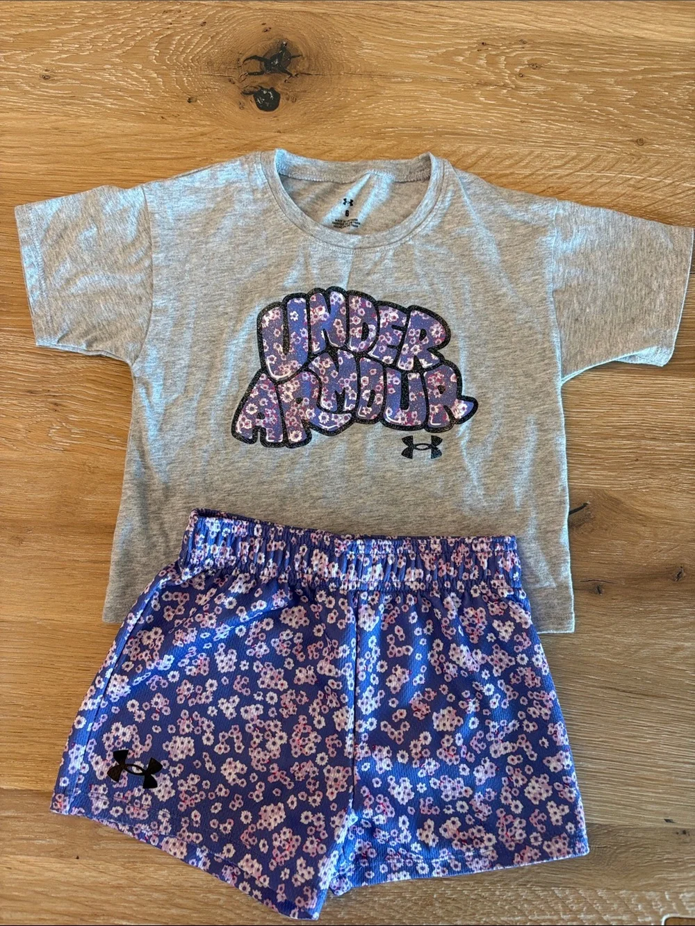 Girls Armour Gray Tee with Purple Floral Logo & Purple Floral Shorts size 6